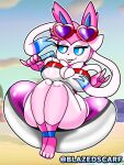  anthro ball beach beach_ball blazedscarf clothed clothing eeveelution eyewear eyewear_on_head female food hi_res inflatable keyhole_clothing nintendo one-piece_swimsuit open_clothing open_topwear pok&eacute;mon pok&eacute;mon_(species) popsicle seaside solo sunglasses sunglasses_on_head swimwear sylveon thick_thighs topwear video_games wide_hips 