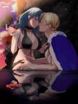  bikini black_bikini blonde_hair blush breasts byleth_(fire_emblem) byleth_(fire_emblem)_(female) byleth_(summer)_(fire_emblem)_(female) cape carrying cleavage commentary couple dimitri_alexandre_blaiddyd emcgame fire_emblem fire_emblem:_three_houses fire_emblem_heroes flower green_hair hand_on_another&#039;s_hip hand_on_another&#039;s_neck hand_on_another&#039;s_stomach highres large_breasts looking_at_another official_alternate_costume reflection reflective_water swimsuit teacher_and_student visor_cap water 
