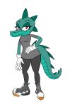  2022 alligator alligatorid anthro bedroom_eyes clothed clothing crocodile crocodilian crocodylid eyelashes fan_character flat_colors footwear form_fitting gloves handwear herm hi_res intersex last69skulls leggings legwear narrowed_eyes red_eyes reptile scalie seductive sega shoes simple_background solo sonic_the_hedgehog_(series) white_background 