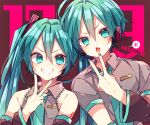  1boy 1girl :o ahoge bangs blue_eyes blue_hair blush collared_shirt detached_sleeves genderswap genderswap_(ftm) grin hair_ornament hand_up hatsune_miku hatsune_mikuo headphones headset highres kaho_0102 long_hair long_sleeves looking_at_another looking_at_viewer nail_polish necktie shirt short_hair short_sleeves sleeveless sleeveless_shirt smile translation_request twintails v v-shaped_eyebrows vocaloid 