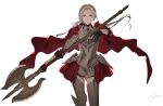  1girl ashiwara_yuu axe breasts cape closed_mouth edelgard_von_hresvelg fire_emblem fire_emblem:_three_houses fire_emblem_warriors:_three_hopes gloves hair_ornament hair_ribbon highres long_hair long_sleeves looking_at_viewer official_alternate_costume official_alternate_hairstyle purple_eyes red_cape ribbon simple_background skirt solo white_hair 