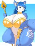  absurd_res anthro armor big_breasts bikini_armor bottomwear breast_squish breasts canid canine choker clothing female fox hi_res huge_breasts jewelry krystal loincloth looking_at_viewer mammal necklace nintendo saasmimz solo squish staff star_fox thick_thighs unconvincing_armor video_games wide_hips 
