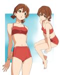  1girl :o arm_support arms_behind_back bangs bare_shoulders barefoot bikini breasts brown_eyes brown_hair cleavage collarbone hibike!_euphonium highres kamo_kamen legs looking_at_viewer midriff multiple_views navel oumae_kumiko parted_lips red_bikini short_hair sitting standing swimsuit twintails 