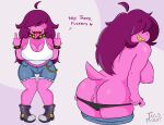  5_fingers accessory anthro anus big_breasts blonde_hair breasts clothed clothing clothing_pull curvy_figure deltarune digital_media_(artwork) dirty_talk english_text female fingers genitals gesture hair hair_over_eyes hi_res middle_finger monster nipples nude panties panty_pull puffy_anus purple_body purple_scales pussy reptile scales scalie simple_background smile solo susie_(deltarune) tailsmight teeth text tongue tongue_out topwear undertale_(series) underwear underwear_pull undressing video_games 