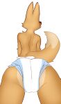  2022 anthro butt canid canine clean_diaper clothed clothing diane_foxington diaper diaper_only dipstick_tail dreamworks ears_up female fox fur hardscales hi_res mammal markings rear_view simple_background solo tail_markings tan_body tan_fur the_bad_guys topless white_background white_diaper 
