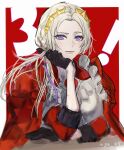  1girl blush breasts cape closed_mouth edelgard_von_hresvelg fire_emblem fire_emblem:_three_houses fire_emblem_warriors:_three_hopes gloves hair_ornament hair_ribbon highres jewelry long_hair long_sleeves looking_at_viewer mr_(mst_011) official_alternate_costume official_alternate_hairstyle purple_eyes red_cape ribbon simple_background smile solo uniform white_hair 