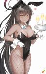  1girl alcohol animal_ears aqua_bow aqua_bowtie bare_arms bare_shoulders black_hair black_leotard blue_archive blurry blush bow bowtie breasts carrot champagne cleavage cocktail_glass collarbone covered_navel cowboy_shot cup dark-skinned_female dark_skin detached_collar dot_nose drinking_glass fake_animal_ears fishnet_legwear fishnets glass gloves hair_between_eyes halo heart high_ponytail highleg highleg_leotard highres holding holding_tray karin_(blue_archive) karin_(bunny)_(blue_archive) korean_commentary large_breasts leotard leotard_pull long_hair looking_at_viewer na_bin_(user_nmyh4242) official_alternate_costume parted_lips playboy_bunny simple_background slit_pupils solo strapless strapless_leotard tray very_long_hair white_background white_gloves wrist_cuffs yellow_eyes 