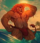  absurd_res anthro armpit_hair beach body_hair bottomwear bottomwear_pull bulge clothed clothing clothing_pull felid fur hi_res lion male mammal mane muscular muscular_anthro muscular_male nipples outside pantherine sea seaside sky solo speedo swimwear topless water wet xeoniios 