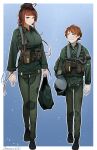  1boy 1girl ammunition_pouch armor artist_name bag bangs black_headwear blush braid breasts brown_hair closed_mouth commander_(girls&#039;_frontline) commission darkpulsegg dsr-50_(girls&#039;_frontline) english_commentary eyes_visible_through_hair full_body girls&#039;_frontline green_jacket green_pants hair_ornament hairclip hat helmet highres holding holding_bag holding_helmet jacket long_hair long_sleeves looking_at_another looking_at_viewer medium_breasts military military_hat military_uniform open_mouth pants parted_lips pouch red_eyes short_hair simple_background smile standing uniform yellow_eyes 