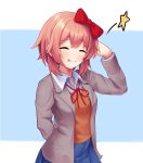  1girl :p absurdres arm_behind_back arm_behind_head bangs blazer blush bow closed_eyes collared_shirt doki_doki_literature_club hair_bow hand_up head_tilt highres jacket medium_hair neck_ribbon pink_hair pleated_skirt ribbon sascha517 sayori_(doki_doki_literature_club) shirt skirt smile solo star_(symbol) sweater_vest tongue tongue_out 