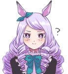  ? aetio alternate_hairstyle animal_ears blush commentary_request drill_hair horse_ears horse_girl long_hair looking_at_viewer mejiro_mcqueen_(umamusume) purple_eyes purple_hair simple_background sweatdrop umamusume white_background 