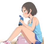  1girl bare_legs black_hair blue_shorts blush dolphin_shorts drinking drinking_straw highres idolmaster idolmaster_cinderella_girls jersey knees_up looking_afar on_floor profile resting sasaki_chie shirt shoes short_hair shorts simple_background sitting sleeveless sleeveless_shirt sneakers solo sweatdrop yama_tatsuo 