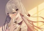  1girl bangs blue_eyes blush closed_mouth ear_piercing grey_hair grey_nails hair_between_eyes hair_ornament hololive hololive_indonesia long_hair mugino0515 nail_polish piercing shirt short_sleeves sideways_glance solo upper_body v_over_mouth vestia_zeta virtual_youtuber white_shirt 