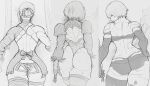  ass back bow breasts clothing_cutout flower frills gloves greyscale hair_flower hair_ornament hand_on_hip highres huge_ass juliet_sleeves kaine_(nier) long_sleeves mole monochrome muscular muscular_female nier_(series) nier_automata panties puffy_sleeves ribbon short_hair sweat thick_thighs thighs underwear yoracrab yorha_no._2_type_b yorha_type_a_no._2 
