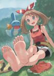  1girl barefoot bike_shorts bike_shorts_under_shorts blue_eyes blush botan_m bow_hairband bracelet brown_hair fanny_pack feet foot_focus green_bag hairband highres jewelry looking_at_viewer may_(pokemon) medium_hair mudkip no_shoes pokemon pokemon_(game) pokemon_oras red_hairband red_shirt shirt shoes shoes_removed short_shorts shorts sleeveless sleeveless_shirt smile socks_removed soles solo toes white_shorts yellow_footwear 