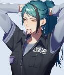  1girl arms_behind_head arms_up bangs black_hair blue_hair blush breast_pocket breasts brown_eyes clothes_writing dodoss_dont genderswap genderswap_(mtf) grey_background hair_tie hair_tie_in_mouth heterochromia highres jade_leech layered_clothes layered_sleeves long_hair long_sleeves looking_away mouth_hold multicolored_hair no_earrings pocket ponytail short_over_long_sleeves short_sleeves sideways_glance simple_background solo streaked_hair sweat twisted_wonderland tying_hair upper_body yellow_eyes zipper 