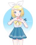  1girl :p aegissanp artist_name bangs blonde_hair blue_eyes blush_stickers bow flower hair_bow hair_flower hair_ornament hairclip hands_up head_tilt heart heart_hands highres kagamine_rin long_sleeves looking_at_viewer off-shoulder_shirt off_shoulder parted_bangs pleated_skirt ribbon_trim shirt shirt_tucked_in short_hair skirt sleeve_ribbon sleeves_past_elbows solo thick_eyebrows tongue tongue_out vocaloid x_hair_ornament 