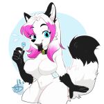  anthro arctic_fox big_breasts black_tongue breasts candy canid canine canis collar curvy_figure dessert featureless_breasts featureless_crotch female fluffy fluffy_tail food fox hair half-length_portrait hi_res lollipop mammal nude pink_hair portrait solo temporarywizard thick_thighs tongue tongue_out white_body wide_hips 