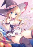  1girl blonde_hair blue_eyes blush bow breasts broom candy cleavage clothes_lift cloud cupcake food gloves gradient_sky halloween hat highres licking_lips long_hair miyasaka_naco original panties pumpkin ribbon skirt skirt_lift sky smile solo star_(symbol) thighhighs tongue tongue_out underwear upskirt wand witch witch_hat 