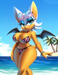  anthro bat_wings beach bikini blue_eyes breasts chiropteran cleavage clothed clothing cloud colored colored_nails day eyeshadow eyewear female hi_res lipstick makeup mammal membrane_(anatomy) membranous_wings metalpandora nails navel palm_tree plant rouge_the_bat s3tok41b4 seaside sega signature sky sonic_the_hedgehog_(series) sunglasses swimwear tan_body tan_skin tree water wings 