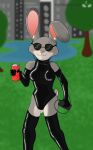  absurd_res anthro beverage_can city clothing disney eyewear female forbiddenlight headphones hi_res judy_hopps lagomorph latex mammal park phone plant rabbid raving_rabbids rayman_(series) rubber rubber_clothing rubber_suit solo sunglasses tree ubisoft video_games water zootopia 