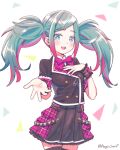  1girl :d aegissanp artist_name bangs belt blue_eyes blue_hair bow bowtie buttons double-breasted hair_ornament hairclip hand_on_own_chest hatsune_miku highres jacket layered_skirt leo/need_(project_sekai) long_hair looking_at_viewer multicolored_hair open_mouth parted_bangs pink_hair plaid pleated_skirt project_sekai reaching_out safety_pin skirt smile solo thighhighs triangle twintails two-tone_hair wrist_cuffs 