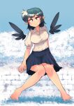  1girl barefoot bird_wings black_hair black_ribbon black_skirt black_wings breasts carte collared_shirt frilled_skirt frills highres large_breasts pointy_ears red_eyes ribbon shameimaru_aya shirt skirt solo touhou white_shirt wings 