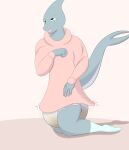  absurd_res anthro big_diaper clothing diaper extremius_amphibious fish hi_res hoodie kneeling looking_pleasured male marine messing messing_diaper onesie raised_tail shark solo steel_(extremius_amphibious) tagme topwear 