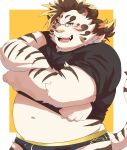  2022 anthro band-aid bandage belly blush bulge clothed clothing clothing_lift eyewear felid glasses hi_res kemono licho_(tas) lifewonders male mammal navel overweight overweight_male pantherine qdng0atngbaqmce shirt shirt_lift solo tiger tokyo_afterschool_summoners topwear underwear undressing video_games white_body 