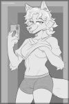  amazinggwen ambiguous_gender anthro belly boy_shorts breasts canid canine cellphone clothing corsac_fox flashing fox gwen_lee gynomorph hair hi_res intersex mammal monochrome nipples phone presenting selfie short_hair sketch solo taking_picture teasing tongue tongue_out underwear 