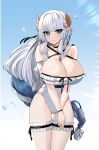  1girl absurdres between_breasts blue_eyes braid braided_ponytail breasts cameltoe cleavage highleg highleg_swimsuit highres horns jewelry large_breasts looking_at_viewer necklace original pointy_ears smile solo swimsuit thigh_gap thigh_strap thighs tongtangtong white_hair white_swimsuit 