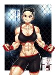  1girl abs breasts fence fighting_stance furrowed_brow gloves gyeoggi_3_ban hair_bun highres kwon_tae-young large_breasts looking_at_viewer muscular muscular_female solo sparkeyjinjin sports_bra sportswear stadium_lights sweat 