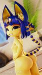  3d_(artwork) animal_crossing ankha_(animal_crossing) anthro big_butt blue_eyes blue_hair blurred_background breasts butt digital_media_(artwork) domestic_cat egyptian felid feline felis female furniture grin hair hi_res inner_ear_fluff looking_at_viewer looking_back looking_back_at_viewer mammal nintendo nude sashacakes small_breasts smile smiling_at_viewer sofa solo teeth tuft video_games yellow_body 