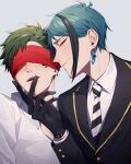  2boys bangs black_gloves black_hair black_jacket blindfold blue_hair blush collared_shirt covered_eyes dodoss_dont earrings facial_mark gloves grabbing_another&#039;s_chin green_hair grey_background half-closed_eyes hand_on_another&#039;s_chin hand_up highres jacket jade_leech jewelry long_sleeves looking_at_viewer male_focus multicolored_hair multiple_boys necktie night_raven_college_uniform parted_lips profile school_uniform shirt short_hair sideways_glance simple_background smirk streaked_hair striped_necktie sweat trey_clover twisted_wonderland upper_body white_shirt yaoi yellow_eyes 