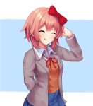  1girl :p absurdres arm_behind_back arm_behind_head bangs blazer blush bow closed_eyes collared_shirt doki_doki_literature_club hair_bow hand_up head_tilt highres jacket medium_hair neck_ribbon pink_hair pleated_skirt ribbon sascha517 sayori_(doki_doki_literature_club) shirt skirt smile solo sweater_vest tongue tongue_out 