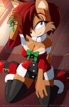  2021 anthro archie_comics boots breasts chipmunk christmas cleavage clothed clothing costume female fireplace footwear ground_squirrel hi_res holidays inside kojiro-brushard lidded_eyes mammal mistletoe plant rodent sally_acorn santa_costume sciurid sega smile solo sonic_the_hedgehog_(archie) sonic_the_hedgehog_(comics) sonic_the_hedgehog_(series) 