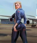  1girl absurdres aircraft airplane antenna_hair ass ass_support black_choker black_sports_bra blonde_hair blue_eyes blue_jacket blue_sky bob_cut border breasts cammy_white choker clothes_pull cropped_jacket fingernails forehead from_behind gloves hands_on_own_ass highres jacket large_breasts leather leather_jacket leoquezadilla lips looking_at_viewer looking_back military military_base nipples nose pants pants_pull pinky_out purple_pants scar scar_on_cheek scar_on_face short_hair sky smile solo sports_bra street_fighter street_fighter_6 union_jack 