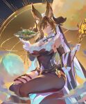  1girl absurdres animal_ears bangs bare_shoulders breasts brown_hair closed_eyes commentary_request detached_sleeves extra_ears floating_island frilled_sleeves frills galleon_(granblue_fantasy) gloves granblue_fantasy hair_between_eyes highres holding holding_staff horns jewelry kiriyama2109 large_breasts long_hair planet pointy_ears sitting solo staff thigh_strap thighs very_long_hair white_gloves 