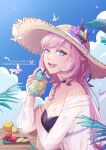  1girl :d aikovio artist_name bangs bare_shoulders bikini black_bikini black_choker blue_eyes blue_sky choker cloud cloudy_sky commission cup drinking_straw elf elysia_(honkai_impact) food fruit hat highres holding holding_cup honkai_(series) honkai_impact_3rd jewelry lemon lemon_slice lemonade long_hair long_sleeves looking_at_viewer off_shoulder open_mouth outdoors pink_hair pointy_ears ring see-through see-through_shirt sky smile solo straw_hat swimsuit table 