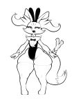  1girl animal_ear_fluff animal_ears animal_nose arms_at_sides black_bow black_bowtie black_leotard bow bowtie box_(hajimeyou654) braixen closed_eyes detached_collar digitigrade fake_animal_ears fang fox_ears fox_tail full_body furry furry_female highres leotard open_mouth playboy_bunny pokemon pokemon_(creature) rabbit_ears simple_background skindentation smile solo standing stick tail thick_thighs thighhighs thighs white_background wide_hips wrist_cuffs 
