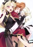  2girls absurdres bangs black_gloves blonde_hair blush breasts cape closed_eyes commentary_request ereshkigal_(fate) fate/grand_order fate_(series) fujimaru_ritsuka_(female) fujimaru_ritsuka_(female)_(decisive_battle_chaldea_uniform) fuku_dan gloves highres hug jacket long_hair long_sleeves medium_breasts multiple_girls open_mouth orange_hair parted_bangs red_eyes short_hair simple_background smile sweatdrop teeth upper_teeth very_long_hair white_background white_jacket yuri 