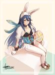  1girl animal_ears bangs blue_choker blue_eyes blue_hair breasts choker cleavage cm_lynarc collarbone easter_egg egg fake_animal_ears fire_emblem fire_emblem_awakening fire_emblem_heroes full_body gloves hair_between_eyes highres leotard long_hair looking_at_viewer lucina_(fire_emblem) lucina_(spring)_(fire_emblem) official_alternate_costume pantyhose rabbit_ears sitting smile solo white_gloves white_legwear 