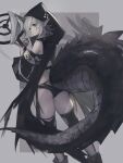  1girl ahoge aito arknights black_legwear black_panties black_shirt black_sleeves crocodilian_tail detached_sleeves feet_out_of_frame from_behind grey_background grey_hair hands_up highres holding holding_staff hooded_shirt large_tail looking_at_viewer looking_back panties pointy_ears shirt simple_background sleeveless sleeveless_shirt solo staff tail thighs tomimi_(arknights) torn_clothes torn_legwear underwear yellow_eyes 