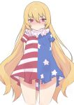  1girl american_flag_dress bangs blonde_hair blush breasts burumanoeat closed_mouth clownpiece commentary_request dress eyes_visible_through_hair hair_between_eyes highres long_hair looking_down neck_ruff pink_eyes short_sleeves simple_background small_breasts solo standing star_(symbol) star_print striped striped_dress touhou v-shaped_eyebrows white_background 