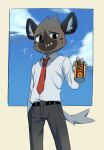  2020 aggressive_retsuko anthro black_bottomwear black_clothing black_pants bottomwear brown_body clothed clothing fangs fur gakujo haida hand_in_pocket hi_res hyaenid jar looking_at_viewer male mammal necktie pants pockets red_necktie sanrio shirt sky solo spots spotted_body spotted_fur spotted_hyena topwear white_clothing white_shirt white_topwear 