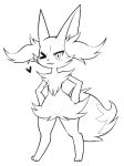  1girl :3 animal_ear_fluff animal_ears animal_nose blush box_(hajimeyou654) braixen closed_mouth digitigrade fox_ears fox_tail full_body furry furry_female hands_on_hips highres looking_at_viewer monochrome one_eye_closed pokemon pokemon_(creature) simple_background solo standing tail tsurime white_background 