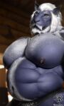  anthro beard belly big_nipples black_nipples body_hair chest_hair clothing ear_piercing facial_hair felid final_fantasy final_fantasy_xiv hair hairy happy_trail hi_res hrothgar huge_pecs inside jockstrap jockstrap_only jugg4 looking_at_viewer male mammal musclegut muscular muscular_anthro muscular_male mustache nipples orange_eyes piercing purple_body realistic red_jockstrap solo square_enix standing underwear video_games white_beard white_hair white_mustache 