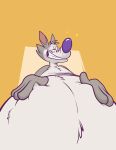  4_fingers absurd_res anthro bedroom_eyes belly belly_tuft big_belly canid canine canis chest_tuft chip_the_wolf cookie_crisp fingers fur grey_body grey_fur hand_on_stomach hands_on_belly hi_res lidded_eyes looking_at_viewer looking_down male mammal narrowed_eyes obese obese_anthro obese_male open_mouth orange_background overweight overweight_anthro overweight_male perspective purple_nose remmyfox seductive simple_background smile solo sparkles teeth tuft wolf 