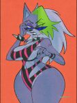  2022 5_fingers anthro big_breasts bracelet breasts canid canine canis clothed clothing collar colored_nails digital_media_(artwork) eyebrows eyewear female fingers five_nights_at_freddy&#039;s five_nights_at_freddy&#039;s:_security_breach fur green_hair hair half-closed_eyes hi_res jewelry lipstick looking_at_viewer makeup mammal nails narrowed_eyes navel open_mouth roxanne_wolf_(fnaf) scottgames simple_background solo spiked_bracelet spiked_collar spikes sunglasses swimwear thick_thighs topwear under_boob video_games wide_hips wolf wolftang 