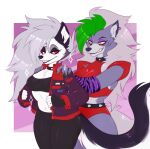  anthro arm_warmers armor armwear belt big_breasts black_eyelids black_lips breast_size_difference breasts canid canid_demon canine canis chest_tuft clothing collar crossover demon duo ear_piercing eyeshadow female five_nights_at_freddy&#039;s five_nights_at_freddy&#039;s:_security_breach green_hair hair halter_top hand_on_shoulder hellhound helluva_boss jacket lips lipstick long_hair loona_(helluva_boss) makeup mammal medium_breasts midriff pauldron piercing purple_eyeshadow purple_lipstick red_sclera roxanne_wolf_(fnaf) scottgames sharp_teeth smile sparkles spiked_belt spiked_collar spikes teeth topwear tube_top tuft video_games white_eyes white_hair wolf yellow_eyes zoecinno 